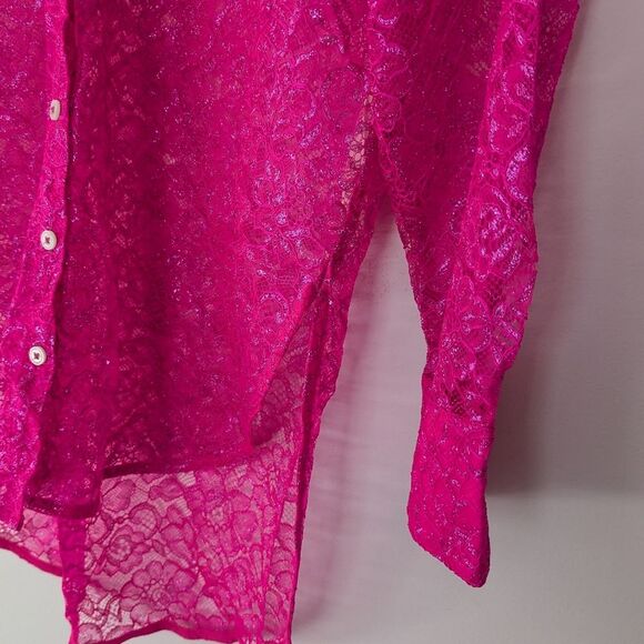 Anthropologie Metallic Lace Buttondown Shirt Pink - Picture 6 of 10